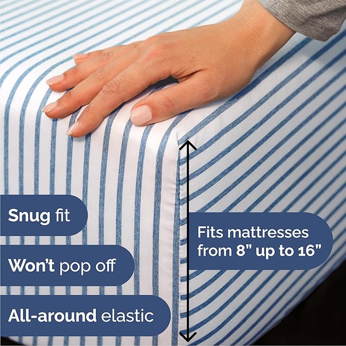 Queen 6 Piece Sheet Set - Cooling & Breathable Bed Sheets - Hotel Luxury Bed Sheets for Women, Men, Kids & Teens - Bedding w/Deep Pockets & Easy Fit - Soft & Wrinkle Free - Queen Blue Stripes Sheets