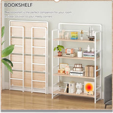 4NM No Assembly Extra Wide 4 Tiers Folding Bookshelf Storage Shelves Vintage Bookcase Standing Racks Study Organizer Home Office (Natural White)