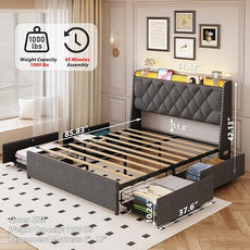 Queen Size Bed Frame with 4 Drawers and Storage Headboard, Upholstered Wingback Bed Frame with LED Lights and Charging Station, No Box Spring Needed, Easy Assembly, Noise Free, Grey