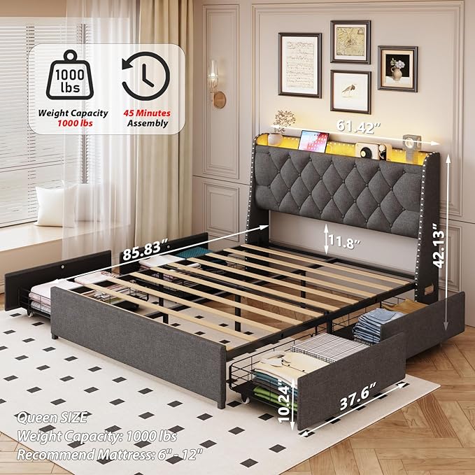 Queen Size Bed Frame with 4 Drawers and Storage Headboard, Upholstered Wingback Bed Frame with LED Lights and Charging Station, No Box Spring Needed, Easy Assembly, Noise Free, Grey