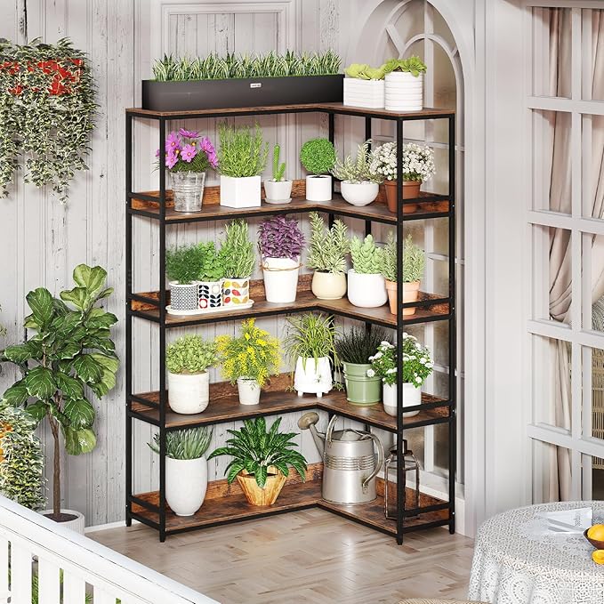 Giantex 5-Tier Corner Bookshelf, 71" L-Shaped Bookcase, Tall Etagere Bookshelf with Metal Frame, Industrial Open Display Shelf, Vertical Storage Rack for Living Room, Study, Office (Rustic Brown)