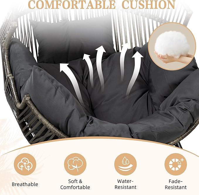 Vongrasig Comfy Wicker Rocking Egg Chair, Soft Thick Cushion Rattan Lounge Chair, High Capacity Steel Frame, Reading Chair for Living Room, Bedroom, Dorm Rooms (Black/Rattan)