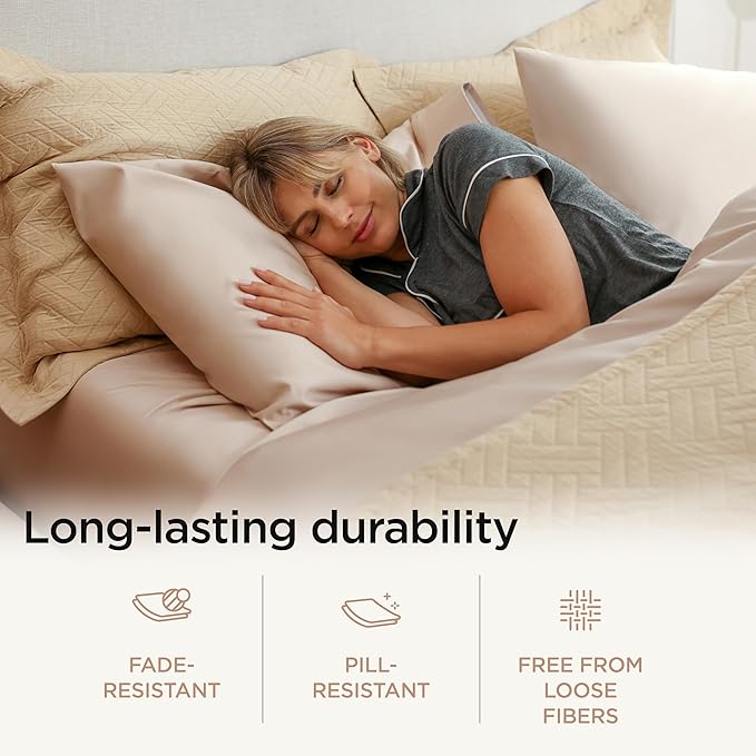 Threadmill 100% Cotton Sheets for Full Size Bed - 600 Thread Count Full Bed Sheets Set with 16” Deep Pocket - Sateen Weave 4-Piece Bedding Set with Cooling Effect, Beige