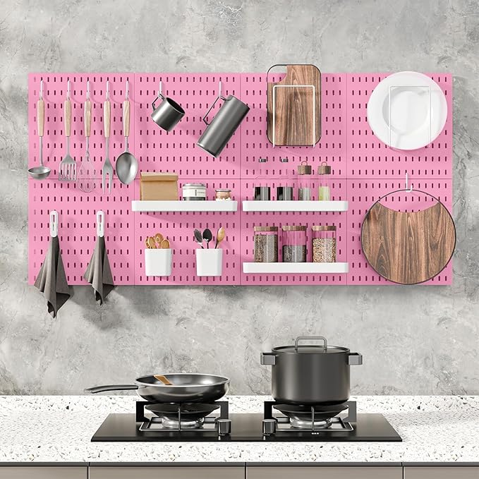 Pegboard Combination Kit, Wall Mounted Storage Set with 8 Pegboards & 28 Accessories Hanging, Peg Boards Organizer for Walls Display, Crafts Organization, Kitchen Organizer, 22" x 44" Pink