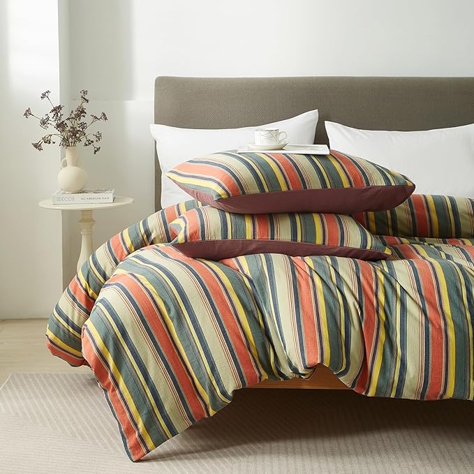 VM VOUGEMARKET Multicolor Striped Duvet Cover Queen Size Washed Cotton Stripes Bedding Duvet Cover Set - Cozy Boho Stylish Bedding Set for Men & Women