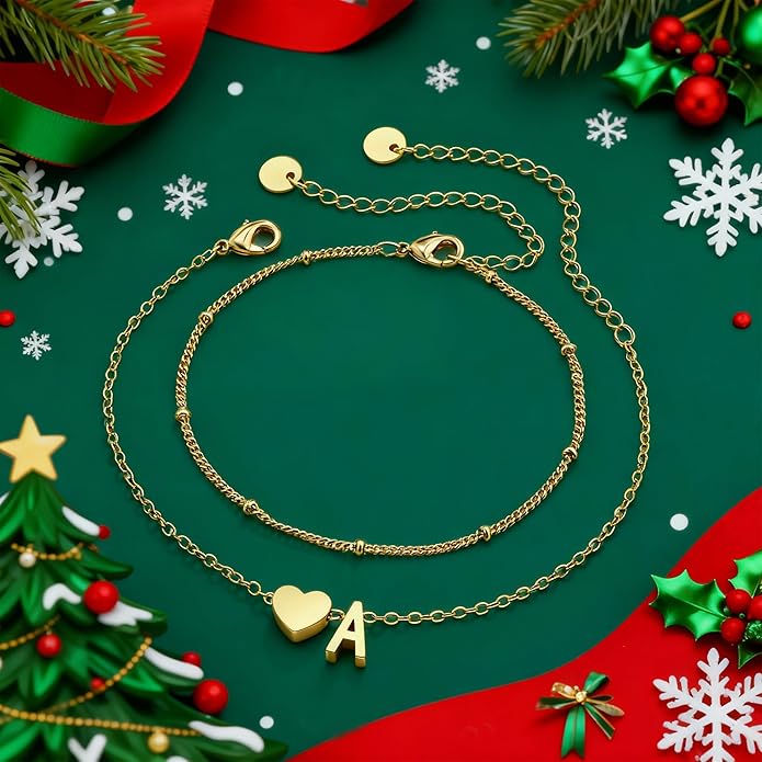 Gold Initial Bracelets for Women Girls - 14K Gold Plated Heart Initial Bracelet Teen Girl Gifts Trendy Stuff Dainty Gold Bracelets for Women Girls Trendy Jewelry Gifts