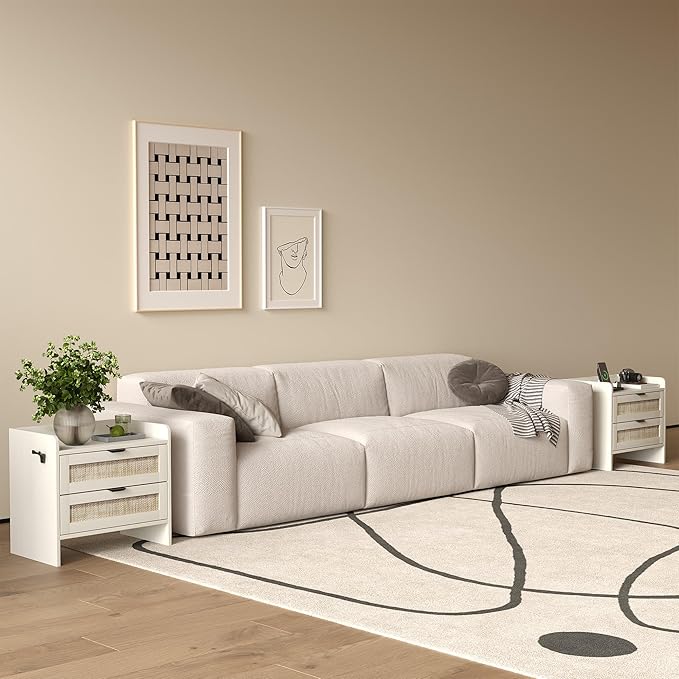 Rattan Nightstand Set of 2, Bedside Table with Type-C Charging Station - 2 Storage Drawer Space, Boho End Table Side Table for Bedroom Office, Large Night Stand with Charging Port