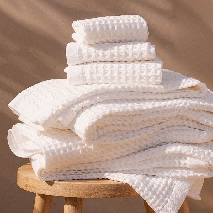 Italic Sedona Luxe Waffle Towel Set, 410 GSM 6-Piece 100% Cotton Set with 2 Bath Sheets, 2 Hand Towels & 2 Washcloths, Spa-Quality, White