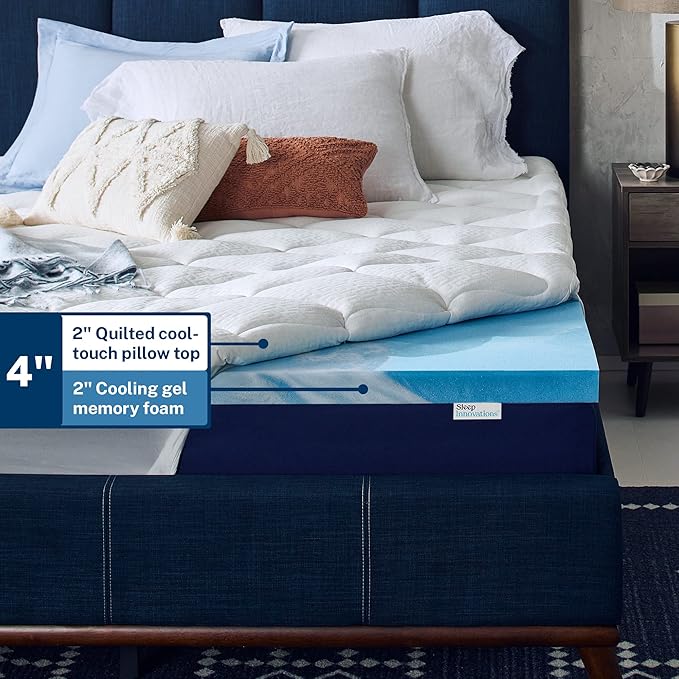 Sleep Innovations Cooling Comfort Gel Memory Foam Dual Layer Mattress Topper, 4 Inch, Full Size, Pillow Top Cover