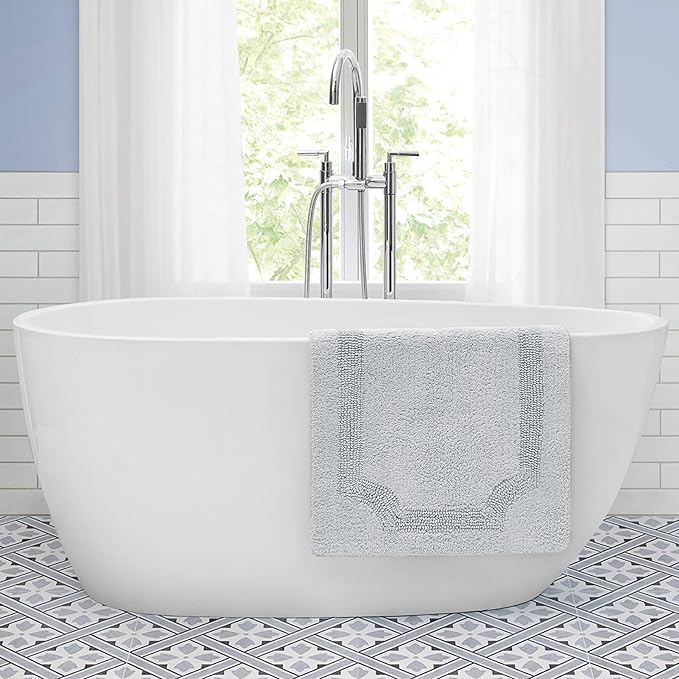 Laura Ashley - Reversible Cotton Bath Mat, Premium Bathroom Décor, Machine Washable Bathroom Rug, Highly Absorbent, 21"x34", Light Grey