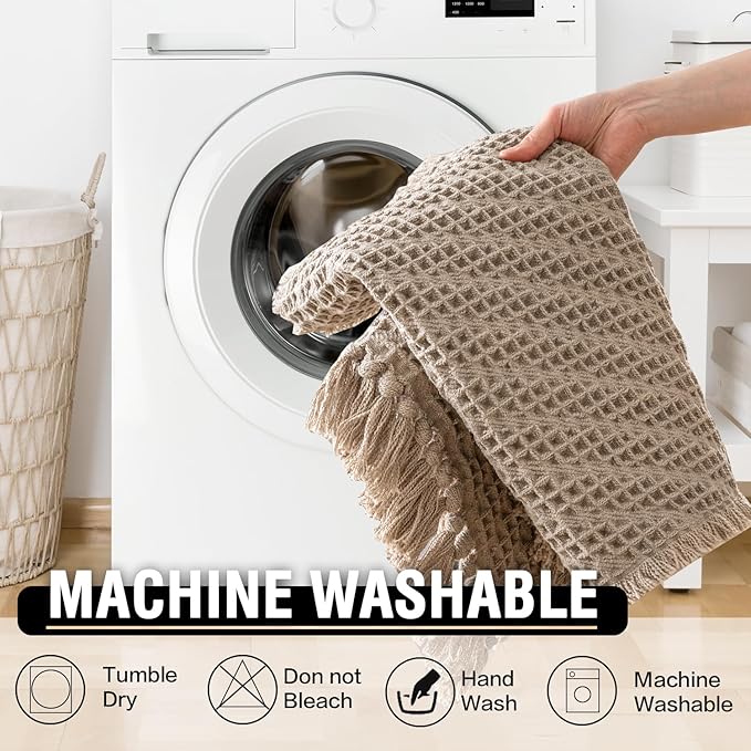 H.VERSAILTEX Waffle Bath Mat Super Absorbent Boho Bath Mat Non Slip Bath Rugs for Bathroom Floor Machine Washable Dry Fast Bathroom Rugs with Tassels (47 x 17 Plus 17 x 24 Inches, Irish Cream)