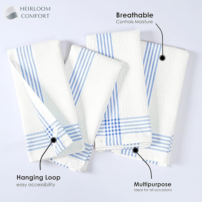 Sky Blue and White Cotton Kitchen Towels 12 Pack, 16x26 Inch, Waffle Weave, Quick Dry, Absorbent, Durable Dish Towels for Drying, Cleaning, Cooking, Daily Kitchen Use