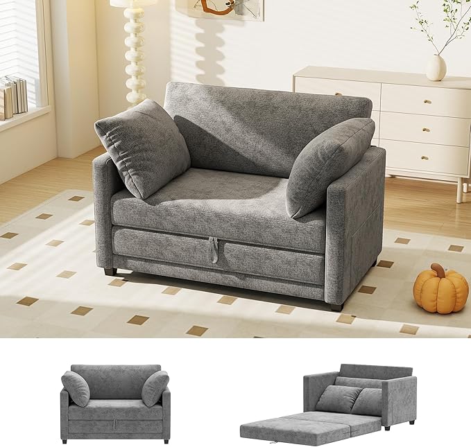 51" Convertible Sofa Bed, 2 in1 Folding Sofa Bed, Loveseat Sleeper Sofa for Small Spaces, Fold Out Floor Couch with 2 Pillows for Apartment, Living Room & Guest Room, Grey Chenille Fabric
