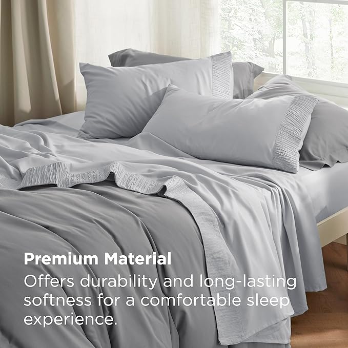 Bedsure Queen Sheet Set - 4 Pieces Soft Queen Size Sheets - Breathable & Cooling - Hotel Luxury - Easy Care Polyester Microfiber Bedding for Women, Men, Light Grey