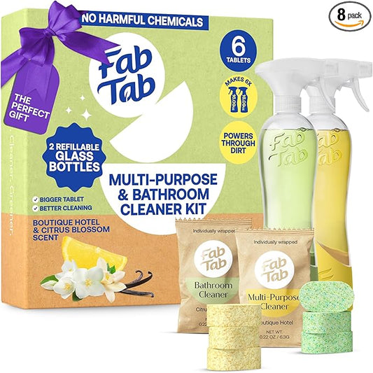 Fab Tab Tablet Cleaner, Multi-Purpose & Bathrom Cleaner for Eco-Concious Cleaning, Non Harmful & Chemical-Free Formula, Convenient Refills with 2 Glass Bottles, Luxury Hotel Scent (6 Refill Tablets)