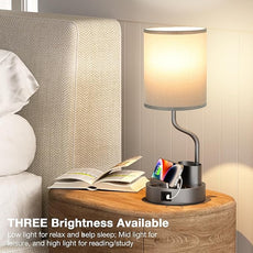 Grey Bedside Table Lamps for Bedroom Set of 2 - Nightstand Light with AC Outlet and USB A & C for Charging, 3 Color Temperatures Desk Lamp with Pen Holder & Phone Stand for Living Room/Dorm/Office