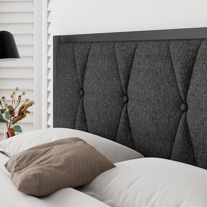 iPormis Full Size Metal Bed Frame, Linen Button Tufted Headboard Platform Bed, Heavy Duty Slats Support, 12" Under Bed Storage, No Box Spring Needed, Easy Assembly, Dark Gray