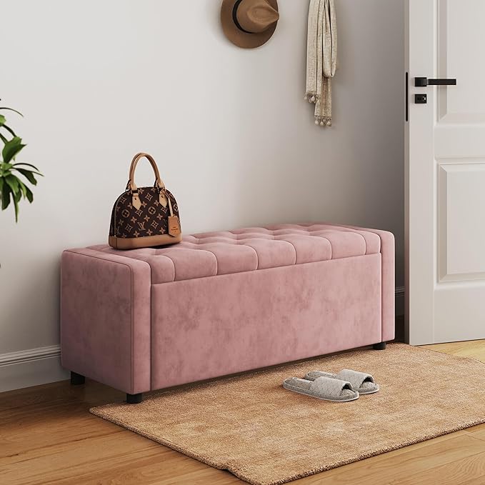 LINSY 50 Inches Wide Storage Ottoman Bench, Upholstered Foot Rest Stool, Long Bench Footstool, Couch Ottoman, Ottomans for Living Room, Entryway, End of Bed Storage Bench for Bedroom (Pink)