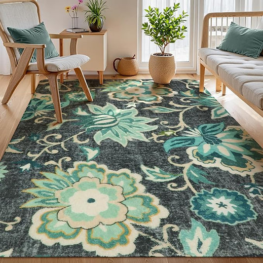 Lahome Floral Area Rug for Living Room - 4 x 6 Rug Washable Non-Slip Soft Rugs for Bedroom Throw Lightweight Boho Dining Room Rug, Blue Paisley Print Indoor Floor Carpet for Office Kitchen Entryway