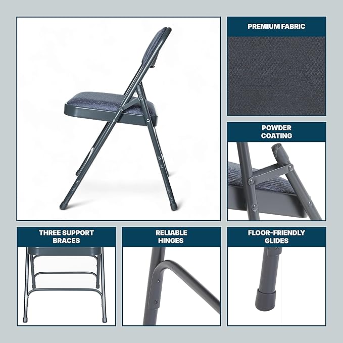 OEF Furnishings OEF2300 Series Heavy-Duty Premium Fabric Padded Upholstery Double-Hinged Triple-Braced Folding Chairs (4-Pack, Midnight Blue)
