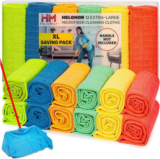 HELOMOR 12 Extra Large Floor Microfiber Cleaning Clothes, 30"x18" for Squeegee Mop, Multi-Purpose Color Rags, Reusable for House Floor Kitchen Car Window Highly Absorbent, Lint and Streak Free