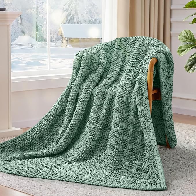 Knitted Weighted Blanket for Adult, Chunky Knit Weighted Throw for Sleep 60"*80" 10lbs, Cooling Breathable Machine Washable Heavy Blanket for Room Decor (HazeGreen, Queen)