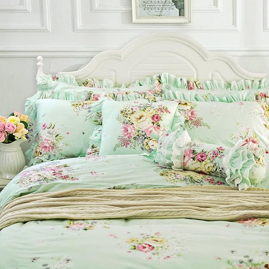 FADFAY Light Robin Egg Blue Duvet Cover Sets Floral Girls Bedding Set 100% Cotton Ruffled Farmhouse Bedding for Women Elegant Garden Style Dorm Bedding (3-Piece, Full Size)