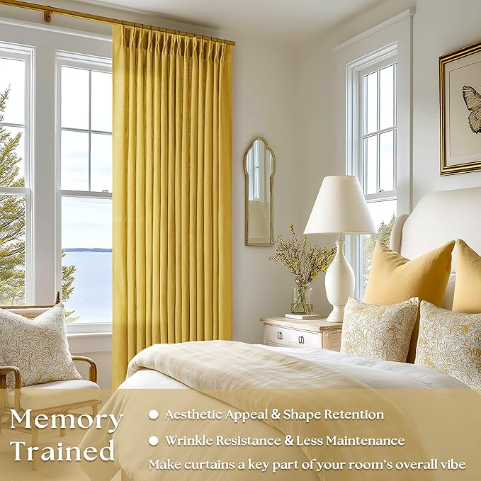 Mustard Yellow Pinch Pleated Linen Curtains 45 Inch Length 2 Panels Set for Bedroom Dining Room Kitchen Semi Sheer Linen Boho Retro Farmhouse Small Window Curtains 45 Inches Long Harvest Gold Yellow