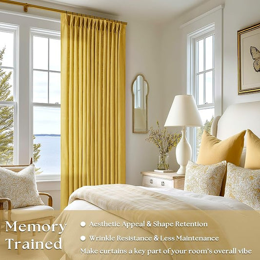 Extra Long Mustard Yellow Linen Curtains 120 Inches Long Gold Yellow Funky Farmhouse Rustic Curtain Light Filtering Semi Sheer Back Tab Pinch Pleat Curtain for Tall Ceiling Living Room 2 Panels