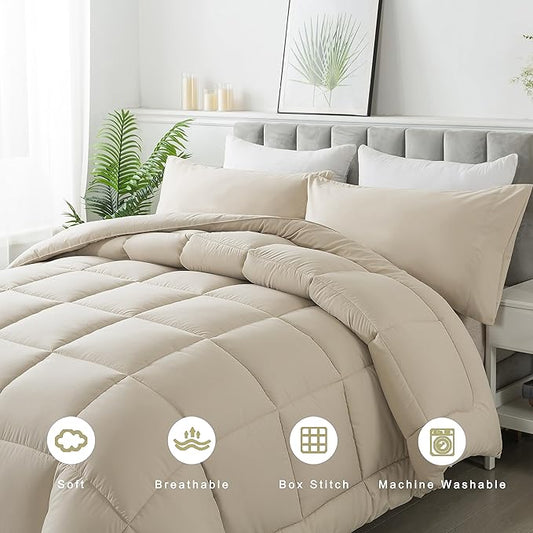 DOWNCOOL Full Size Comforter Sets -All Season Bedding Comforters Sets with 2 Pillow Cases -3 Pieces Bed Set Down Alternative Comforter Set -Beige Bedding Sets Full(82"x86")