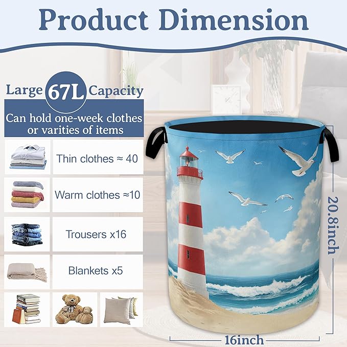 Lighthouse On The Beach Laundry Basket,Foldable Oxford Cloth Laundry Hamper With Handle, 20.8"x16" Portable Clothes Storage Basket Bag for Laundry Room/Bathroom/Bedroom/Dormitories