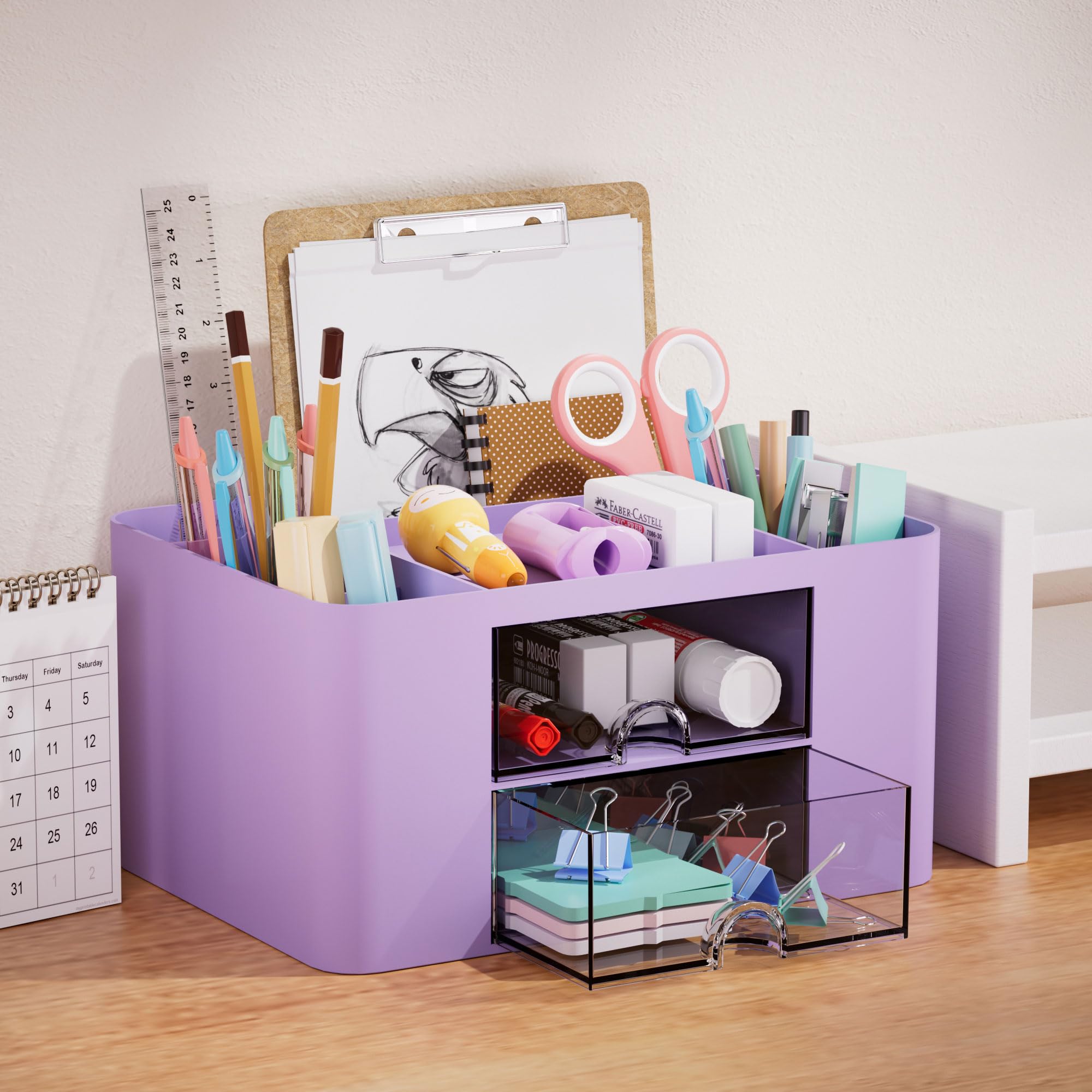 Marbrasse Pen Organizer with 2 Drawer, Multi-Functional Pencil Holder for Desk, Desk Organizers and Accessories with 5 Compartments + Drawer for Office Art Supplies (Blue) Dormly
