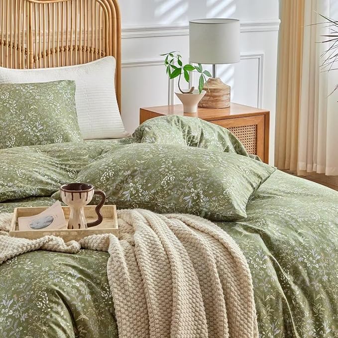 MKXI Vintage Style Comforter Set Queen Size Wildflower Comforter Set Floral Bedding Set Green Floral Duvet Comforter Microfiber Bed Set Soft Reversible Farmhouse Comforter Army Green