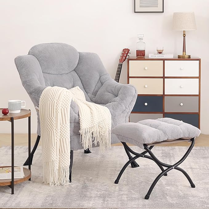 Tiita Lazy Chair with Ottoman, Modern Large Accent Lounge Armchair, Comfy Leisure Sofa Reading Chair with Footrest for Bedroom, Living Room, Dorm Rooms, Garden and Courtyard, Plush Light Grey