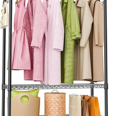 Heavy Duty Rolling Garment Rack 3 Tiers Adjustable Wire Shelving Clothes Rack with 1 Rods and Side Hooks,Storage Closet Clothing Rack with Wheels Black 15.7