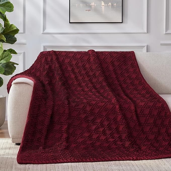 Knitted Weighted Blanket for Adult, Chunky Knit Weighted Throw for Sleep 50"*60" 10lbs, Cooling Breathable Heavy Blanket for Hot Sleepers, Machine Washable Blanket for Room Decor(Red)