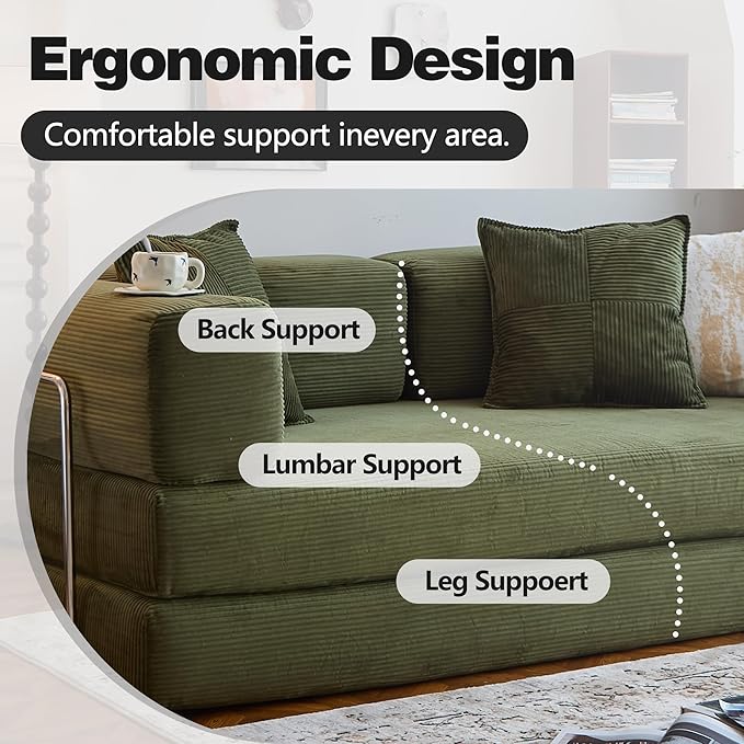 78.8" Convertible Sofa Bed - Compression Sofa with Corduroy Fabric - with Armrests and Backrest - Modular Sectional for Living Room, Bedroom, Studio - Compression Sofa in Box (Green)