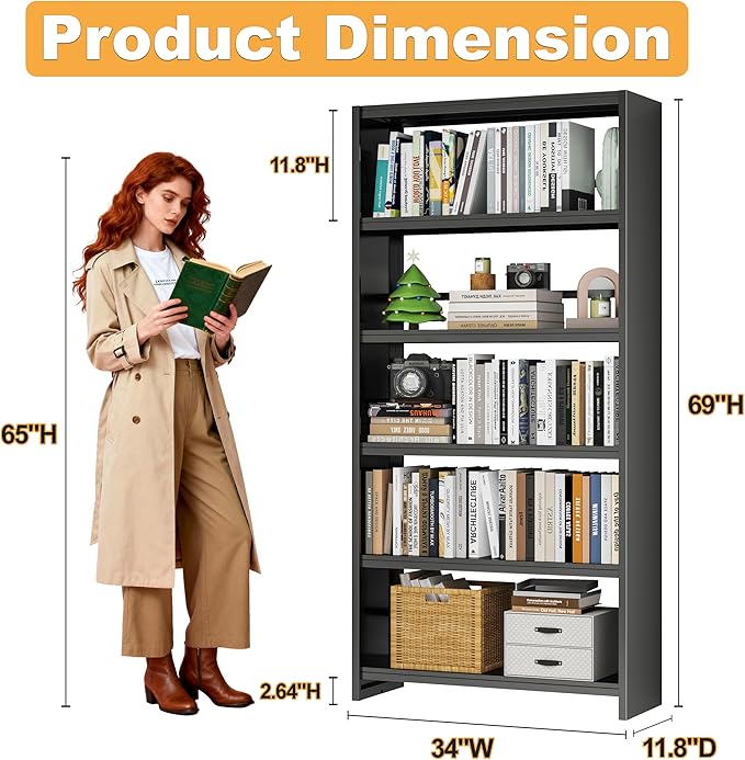 Book Shelf 69" H, 5-Tier Metal Shelving, Modern Black Bookshelf, Tall Bookcase for Bedroom, Living Room, Home Office, Library, Screw-Free Installation