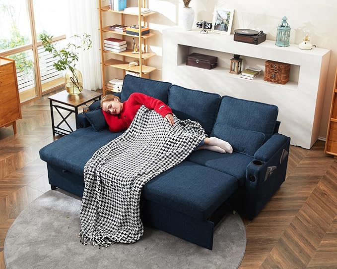 DURASPACE Sofa Bed Sleeper Pull Out 2 in 1 Sectional Sleeper Sofa Couches with Storage,USB, Cup Holder,Pullout Sectional Couches for Apartment Living Room (Blue)