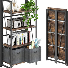 4NM No Assembly Folding Bookshelf Storage Shelves 4 Tiers Vintage Bookcase Standing Racks Study Organizer Home Office (Rustic Brown Black)