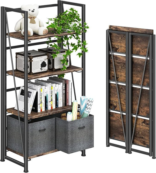 4NM No Assembly Folding Bookshelf Storage Shelves 4 Tiers Vintage Bookcase Standing Racks Study Organizer Home Office (Rustic Brown Black)