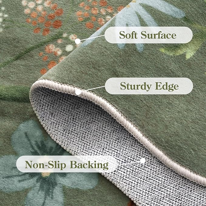 Lahome Floral Rugs for Entryway, 2x4 Washable Kitchen Rugs Ultra-Thin Soft Rug, Non Slip Indoor Door Mat Stain Resistant Boho Small Low-Pile Throw Carpet for Bathroom Bedroom(2x4ft,Green)