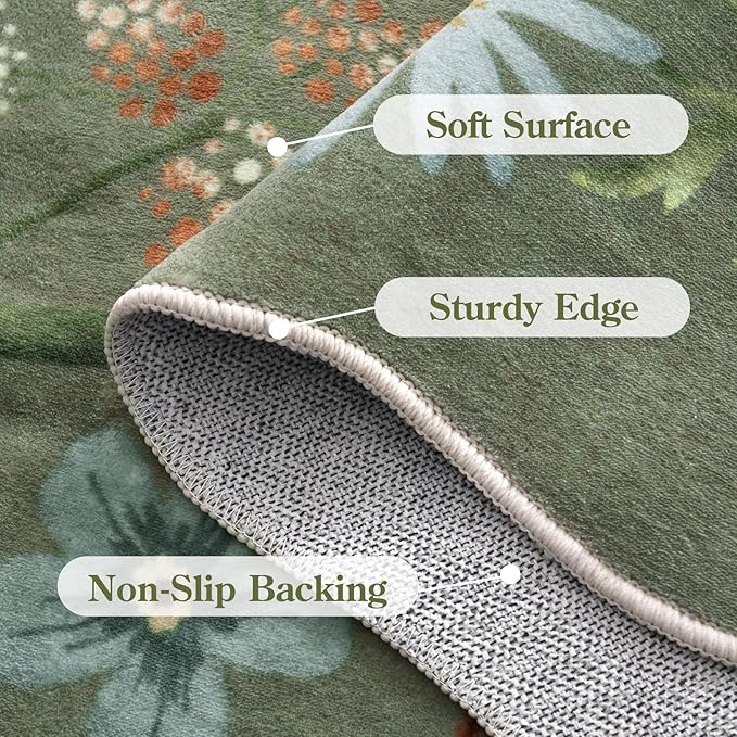 Lahome Floral Washable Runners for Hallways, 2x5 Kitchen Runner Ultra-Thin, Non-Slip Soft Hallway Rug Stain Resistant Boho Low-Pile Carpet for ‎Laundry Bathroom Bedroom(2x5ft,Green)