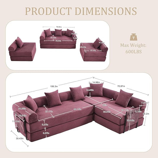 106" Oversized Convertible Sleeper Sofa Bed, Corduroy L Shape Sectional Couch, Folding Sofa Bed with Side Pocket, Modern Cloud Floor Mattress Couch, Modular Sofa for Living Room, Wine Red