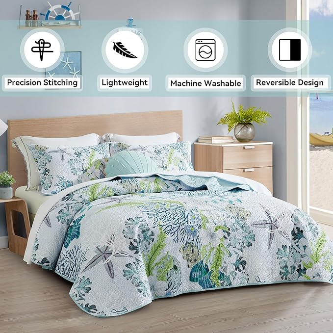 Tritard 3 Piece Coastal Beach Quilt Set King Size Ocean Beach Themed Bedding Set Microfiber Lightweight Bedspread Coverlet with 2 Shams Starfish Coral Seashell Bed Covers for All Season, 106''x96''
