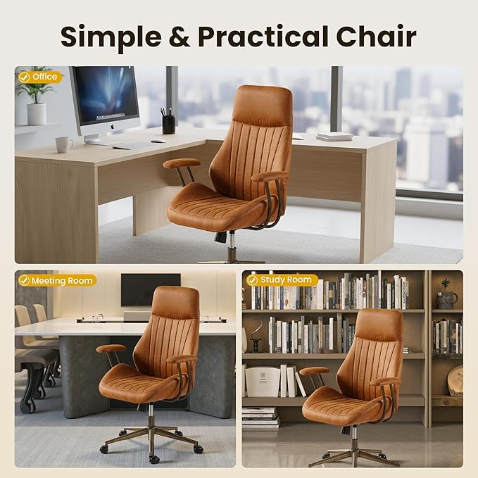 Home Office Desk Chair, Mid-Century Modern Office Chair with Adjustable Lumbar Support, Adjustable Height Executive Task Chair with 360 Rolling Swivel for Meeting Study Room(High Back, Brown)