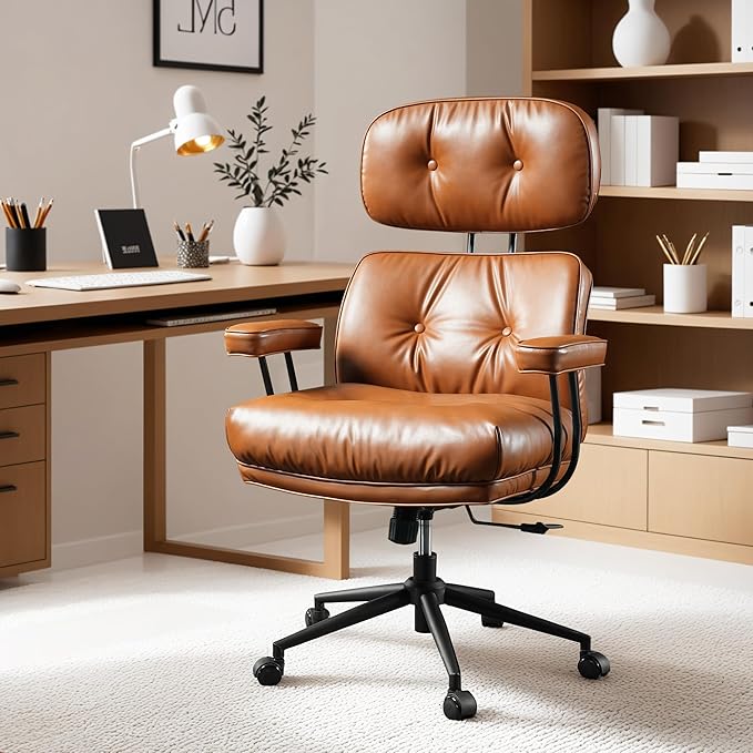 ovios Ergonomic Office Chair, High Back Faux Leather Executive Chairs with Thick Cushion, Comfy High-Century Modern Swivel Rolling Computer Armchair (Brown, PU Leather)