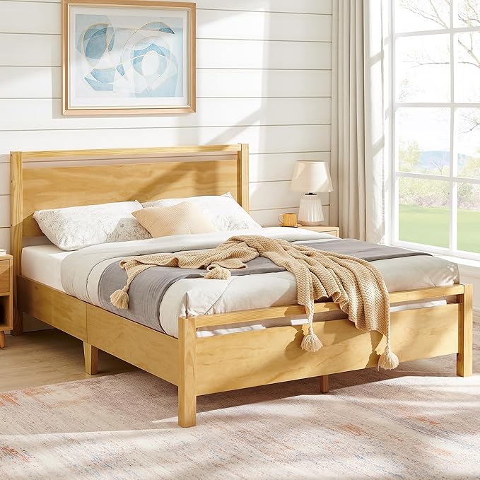 AMERLIFE Queen Size Solid Wood Bed Frame with Headboard, Minimalist Platform Bed with Wood Slats Support/No Box Spring Needed/Easy Assembly/Noise-Free, Natural