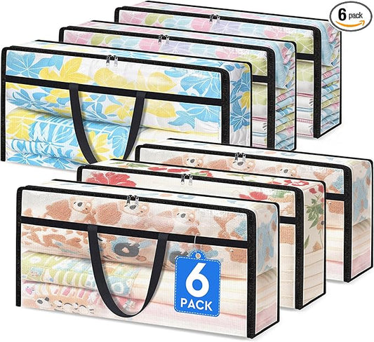 6 Pack Long Clear Storage Bags for Comforter, Clothes & Bedding, Plastic Blanket Storage with Zipper and Handle, Moving Bags, Closet Organizer and Under-Bed Storage (90L, 39.4"*7.1"*19.7")
