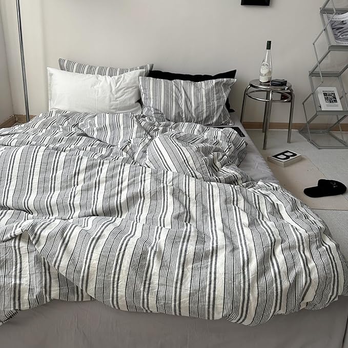 VM VOUGEMARKET King Duvet Cover Set Black Grey White Stripes Bedding Set,Luxury Comfy Washed Cotton Textured Linen Like Comforter Cover with Zipper&Ties-104"x90"